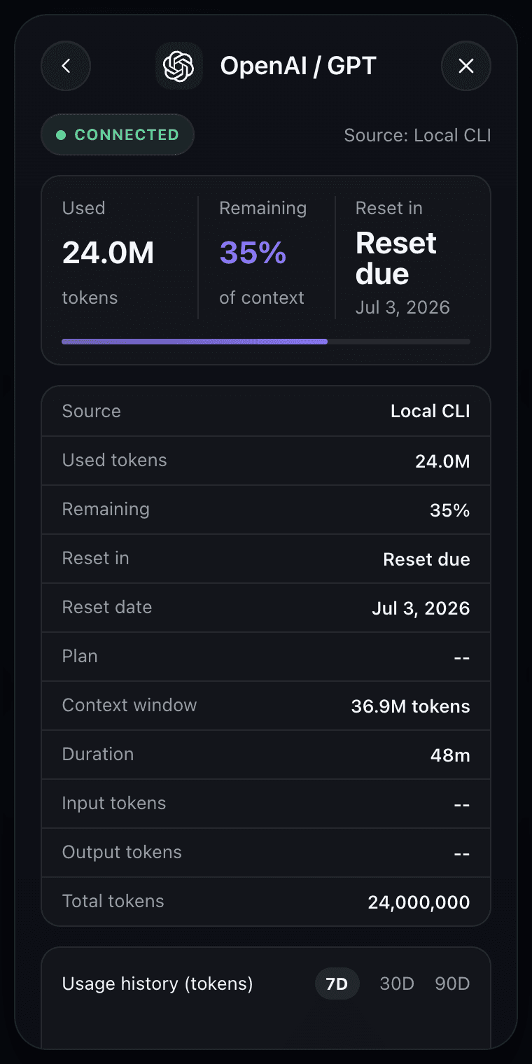 OpenAI provider details including local source, context, reset, and usage history