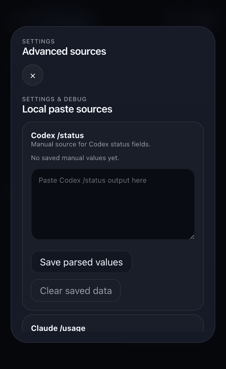 Advanced sources panel with manual local CLI paste fallback