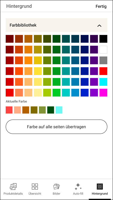 Mobile background editor with a color library, current color swatches, and an apply color to all pages control