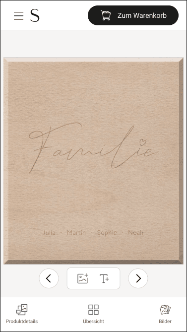 Mobile photo box editor showing a wooden lid personalized with a family name