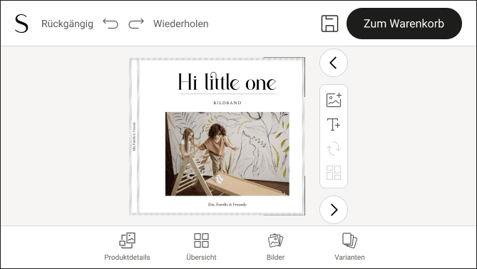 Landscape mobile photobook design: a central cover preview, editing toolbar on the right, and product navigation below