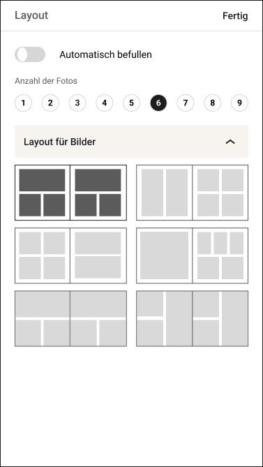 Mobile layout chooser showing photo-count controls, an automatic fill toggle, and six page layout previews