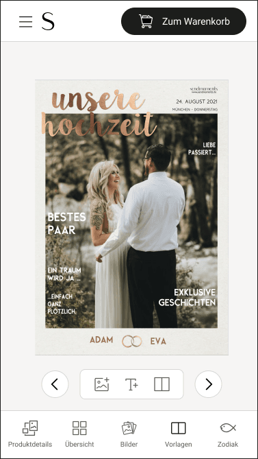 Mobile wedding newspaper editor with a cover photo, text controls, and template navigation