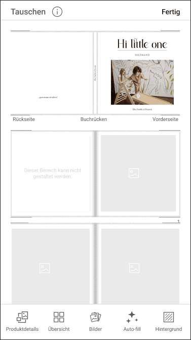 Mobile image-swapping view with the photobook cover, spine, and page image areas visible in an overview