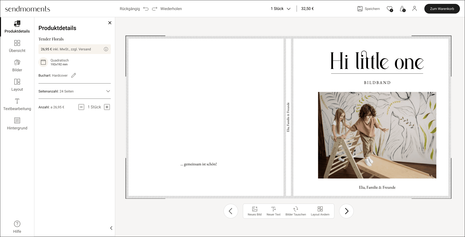 Desktop photobook workspace with product settings beside a full cover spread and contextual editing tools
