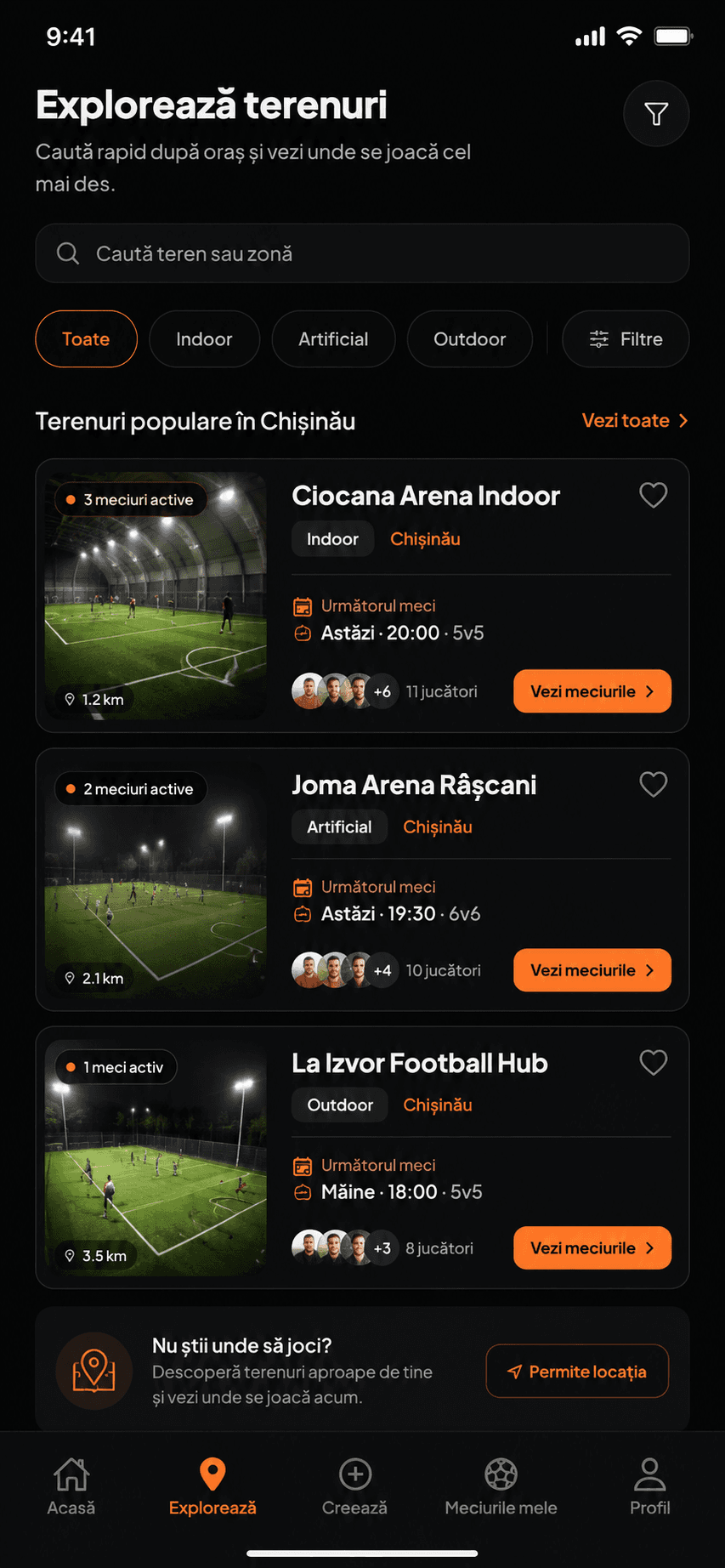 Vreau să Joc field discovery interface with active local football hubs
