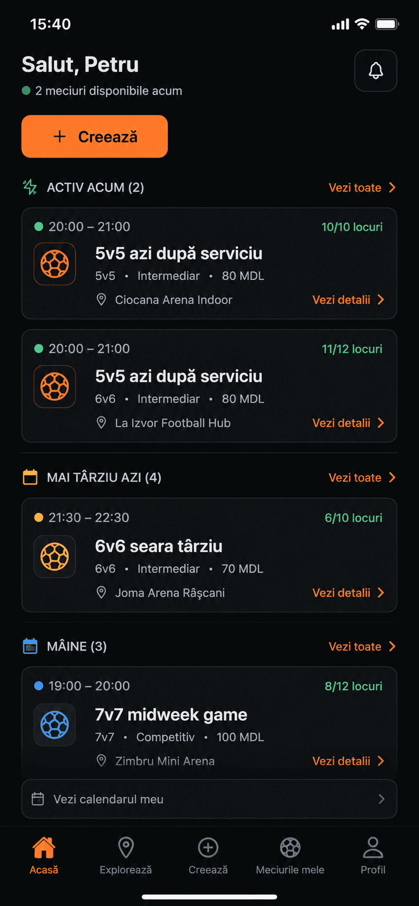 Vreau să Joc match feed showing available football games in Chișinău