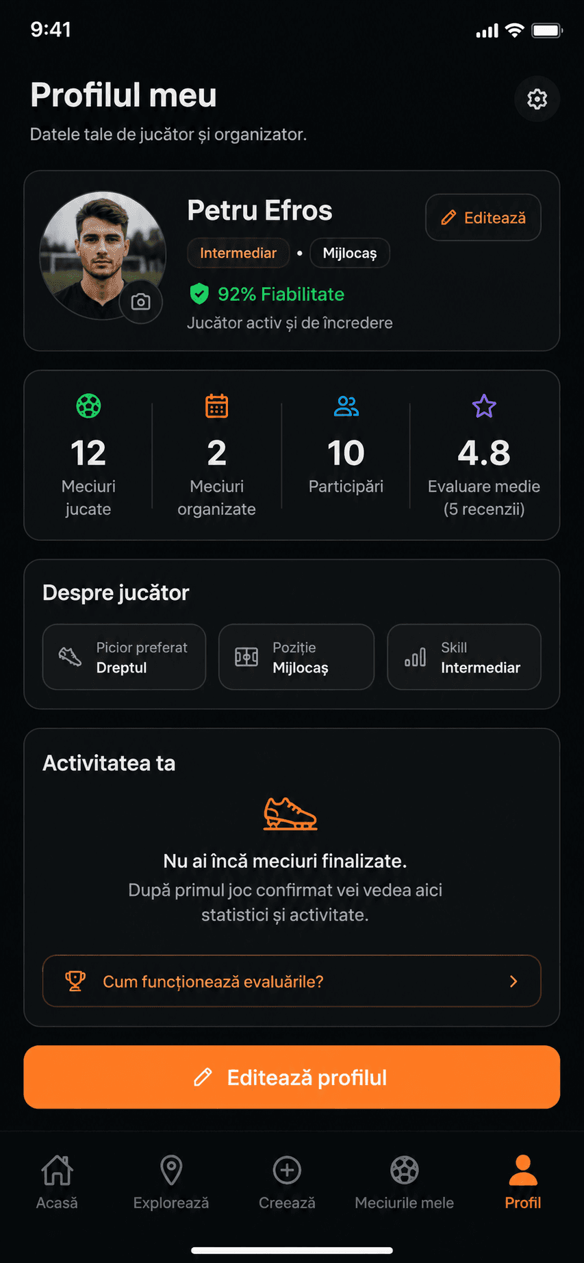 Vreau să Joc player profile visual direction with reliability and activity information