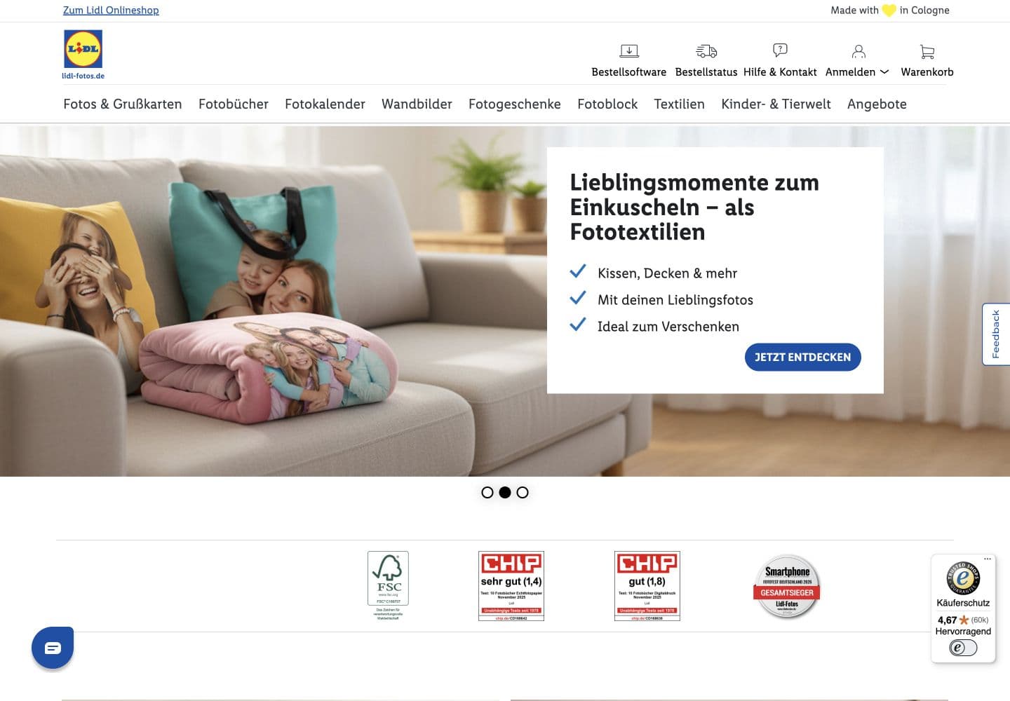 Existing Lidl Fotos homepage with utility links, category navigation and a promotional image with overlaid copy