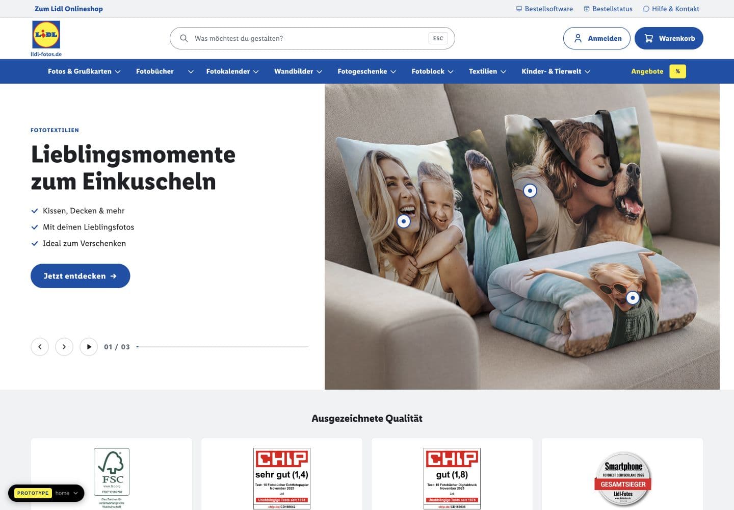 Lidl Fotos redesigned homepage with a clear search bar, blue category navigation and photo-product inspiration