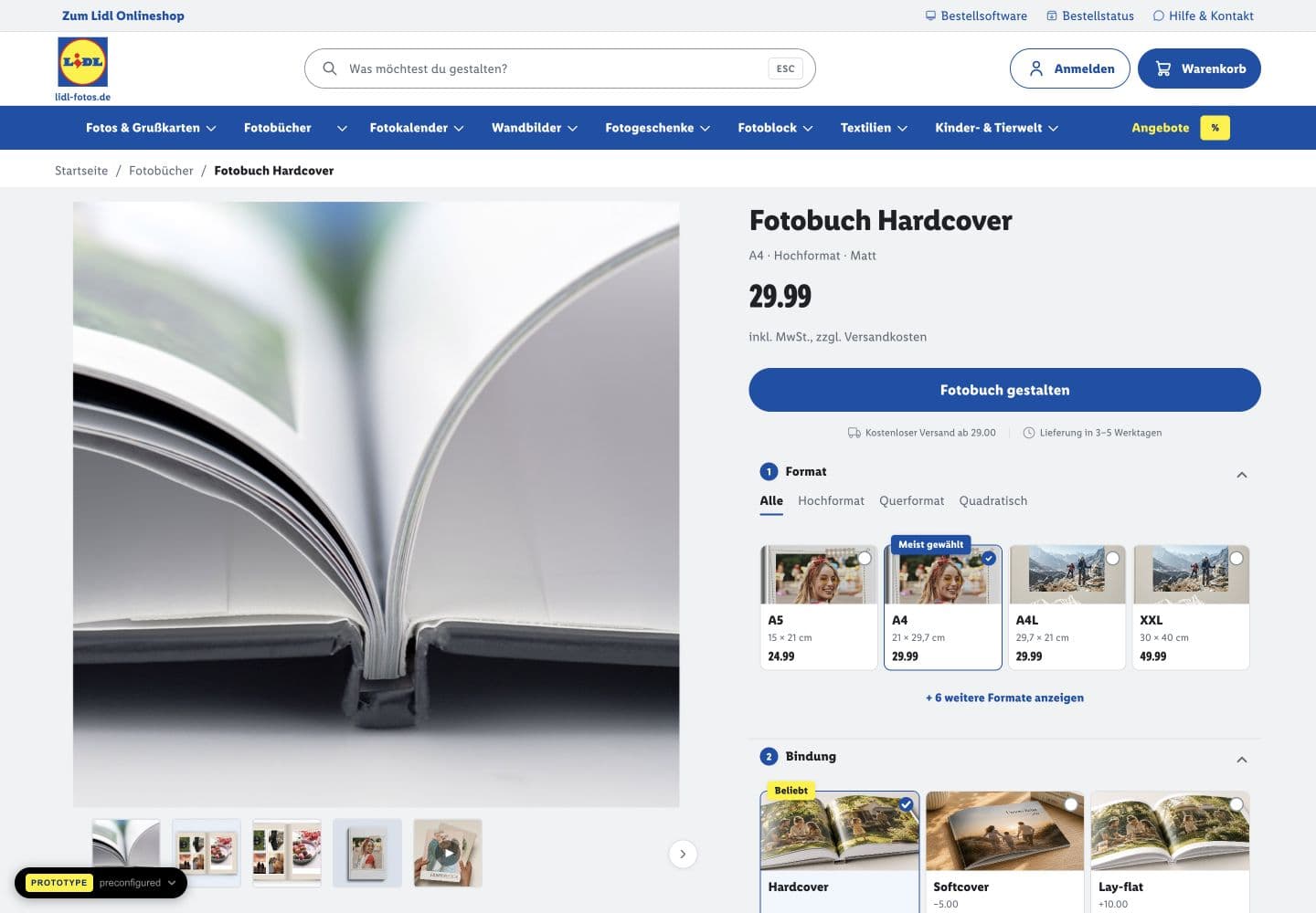 Photobook product view with a large gallery, price, format cards, selected A4 state and binding options